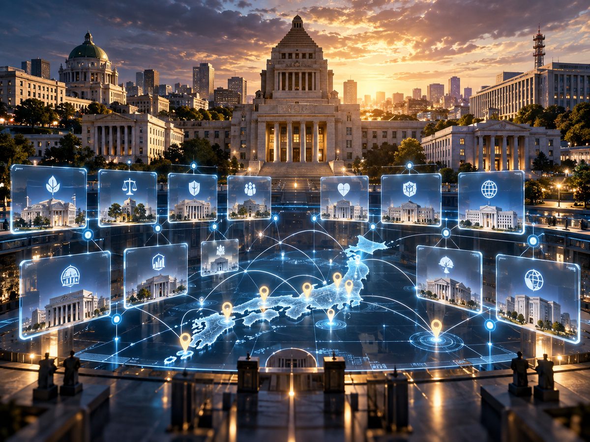 世界各国の公的機関の情報源がネットワークでつながるイメージ